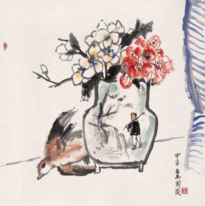 关良 甲子（1984年）作 瓶花 立轴